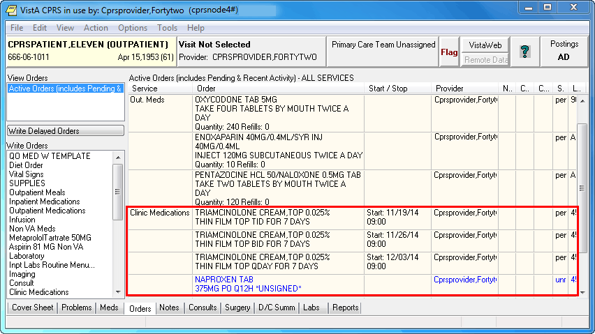 On the Orders tab, CPRS displays Clinic 
Medication orders under the Clinic Medications display group, with the ordering 
location in the Location column