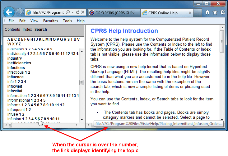 This screen capture shows the help Search tab and how placing the cursor over a number displays the path to the topic. Ths should tell the user which topic where the term is located. At the end of the path, at least part of the topic name will be displayed.