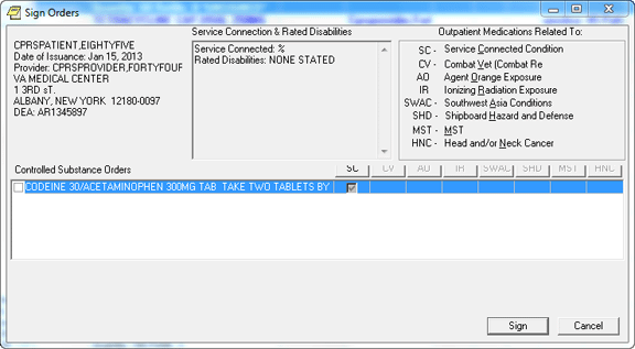 This screen capture shows the Sign Orders dialog before the provider selects the Controlled Sustance orders for signature by checking the box to the left of each order.