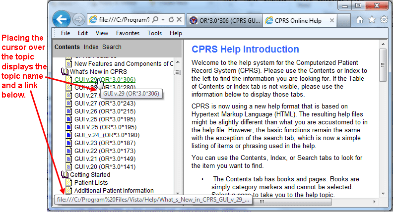 This screen capture shows the help with the cursor over a topic on the Contents tab. By hovering over a topic, a term on the Index tab, or a term or number on the Search tab, the users can see the topic and link that the item will take them to.