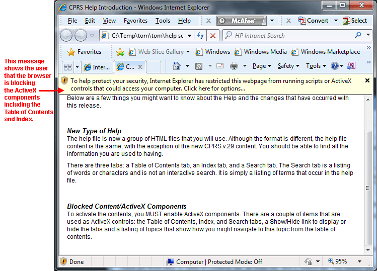 This screen capture shows the browser window with the information bar explaining to the user that the AciveX components are not being displayed.