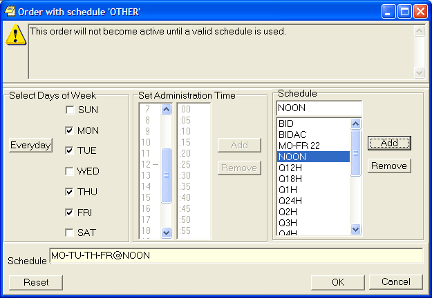 This screen capture shows the Order 
with schedule Other dialog which enables the user to create a special schedule for the medication.