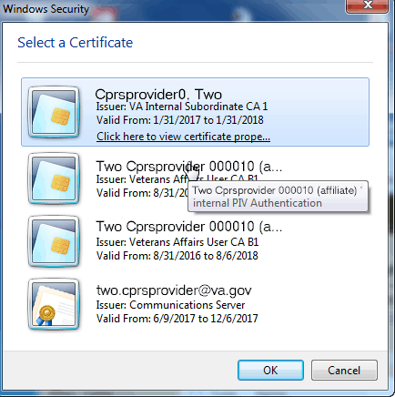This screen capture shows the Windows Security dialog that displays
the certificates that the user can choose from to sign in.
In this case, it also shows that when the user hovers over the name of the
appropriate certificate, the hover hint will show that it is for internal
PIV authentication.